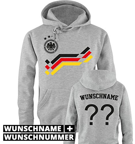 EM 2016 – RETRO-TRIKOT – WUNSCHDRUCK – Herren Hoodie – Grau / Schwarz-Rot-Gelb Gr. M