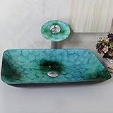 Tophome 洗面台彩色上絵 洗面鉢　手洗い器　手洗器 洗面ボール 洗面ボウル 蛇口セット　強化ガラス製　 ガラス 手洗い器おしゃれ 排水金具付 蛇口付き 方形