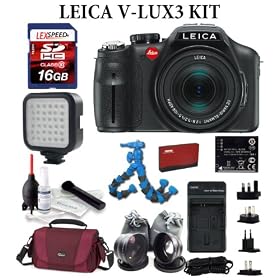Leica V-LUX 3 CMOS Camera with 12.1MP and 24x Super Telephoto Zoom (Black) + LED 36 Video Light + 0.45X Wide Angle Lens + 2x Telephoto Lens + Camera Case + Spare Battery + International Charger + LexSpeed 16GB Class 10 SDHC Memory Card + Giotto's Camera Cleaning Kit + Card Reader + Flexpod