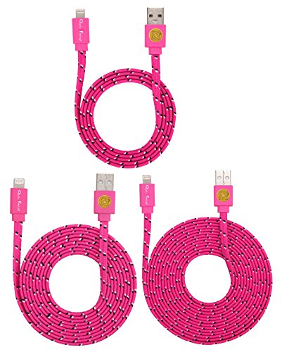 3 PACK 3ft/6ft/10ft Durable Braided Flat Noodle Lightning USB SYNC Cable Charger Cord for iPhone 5 / 5C / 5S / 6 / 6 Plus (Latest IOS Supported) iPad Mini iPod Touch 5th Air Gen (Hot pink)