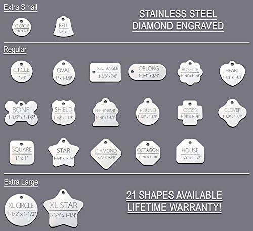 Stainless Steel Pet Id Tags: Bone, Heart, Round, Star...21 different styles, Dog/Cat, Includes up to 6 Lines of Customized Text, 2-Sided Diamond Engraved (ROSETTE 1-1/8"x1-1/8")