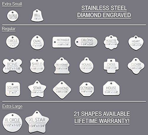 Stainless Steel Pet Id Tags: Bone, Heart, Round, Star...21 different styles, Dog/Cat, Includes up to 6 Lines of Customized Text, 2-Sided Diamond Engraved (ROSETTE 1-1/8"x1-1/8")