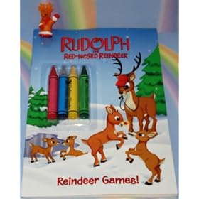 Reindeer Finger Puppet WITH Rudolph the Red-Nosed Reindeer: Reindeer Games! (Activity and Coloring Book) AND 4 Large Crayons (Toy and Book and Crayons Combo)