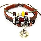 Real Spark Brown Leather Bracelet Friendship Gift Wood Beads Wristband Copper Coin Wrap Bracelet