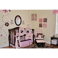 10pc Pink and Brown Crib Bedding Nursery Set Pink and Brown NEW w/ Mobile
