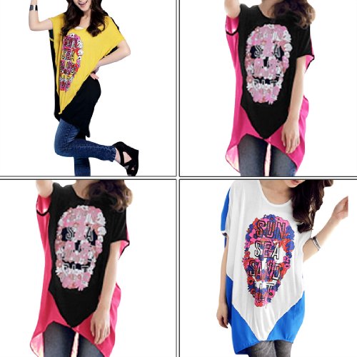 Allegra K Women Sheer Back Batwing Sugar Skull T Shirt Loose High Low Tops