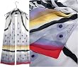 ULRIKE Long Slim Chiffon Silk Scarf - Pale lavender blues and grays are set off by black dots and lines and accented with bands of warm yellow and lipstick red.