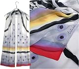 ULRIKE Long Slim Chiffon Silk Scarf - Pale lavender blues and grays are set off by black dots and lines and accented with bands of warm yellow and lipstick red.