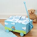 Hand-Painted Blue Wooden Wagon and Layette Gift Set - Baby Shower or Christmas Holiday Gift Idea for Newborn Boys