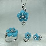 Blue Turquoise Carved Flower Pendant Necklace 16, earrings & Ring Set in Carefree Sterling Silver