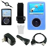 SanDisk Sansa Fuze Silicone Skin Case Cover (Blue) w/ USB 2in1 Sync Charging Cable, Universal USB Wall Charger, Universal USB Car Charger, Retractable Auxiliary 3.5mm to 3.5mm MP3 Jack Cable, Screen Protector / Guard