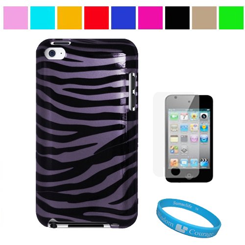 Durable Purple Zebra Two Piece Front and Back Protective Hard Shell Crystal Cover Case for Apple iPod Touch 4th Generation + Clear Screen Protector for Apple iPod Touch 4th Generation , Purple Zebra