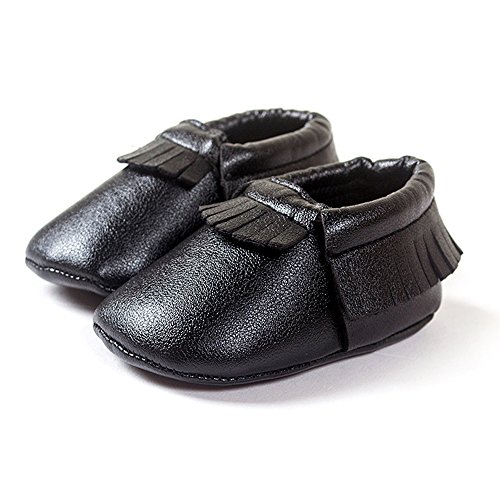 Baby Boy Girl Pre-Walker Leather Tassel Fringe Moccasin Slip-on Shoes (13-18 Months, Black)