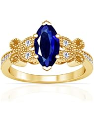 14K Yellow Gold Marquise Cut Blue Sapphire Ring With Sidestones