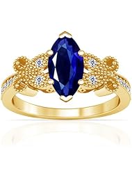 18K Yellow Gold Marquise Cut Blue Sapphire Ring With Sidestones