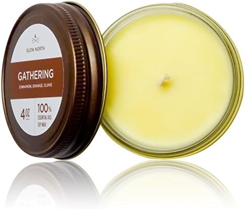 Gathering - 4 oz - Soy Wax Vegan Candle Scented Only with 100% Pure Essential Oils (Cinnamon, Orange, Clove), Aromatherapy, Jelly Jar with Lid, Handmade in USA
