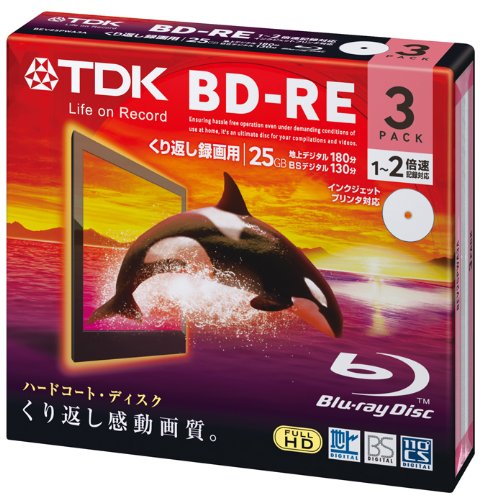 TDK 録画用ブルーレイディスク BD-RE 25GB 1-2倍速 ホワイトワイドプリンタブル 3枚 5mmスリムケース BEV25PWA3A