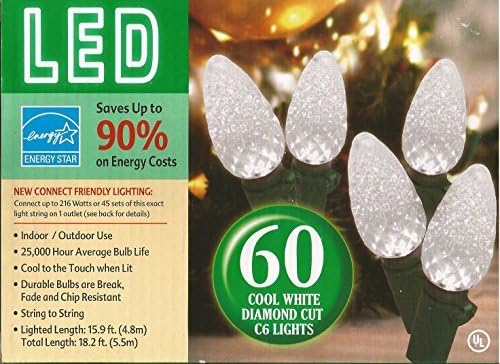 Set of 60 Cool White LED C6 Diamond Cut Faceted Christmas Lights