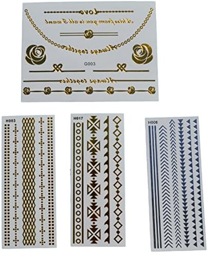 Temporary Tattoo Flashy Gold and Silver Metallic Jewelry Inspired for Girls and Adult Women - Designs for Arm, Back, Face, Foot, Finger, Ankle, and Neck (Set of 4 Sheets)