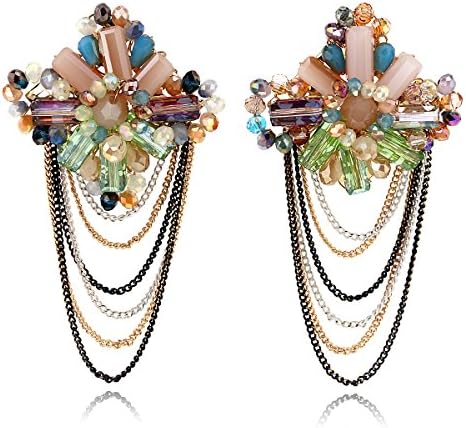 Gold Tone Loop Chains Tassel Crystal Beads Drop Earrings Multi-Color