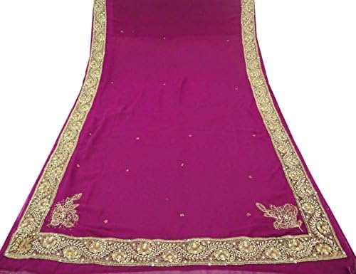 Vintage Indian Saree Hand Beaded Fabric Wrap Decor Craft Sarong Purple Sari 5YD