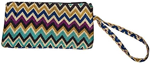 7" X 4" Wristlet in Black, Tan, Teal, and Purple Chevron Print.