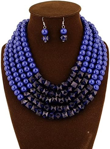 Starkyue Women Gold Chain Charm Pendant Big Chunky Bib Statement Necklace Rings Set (Blue)
