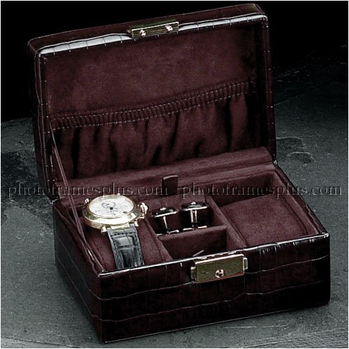 Brown Croco Leather Watch & Cufflink Case