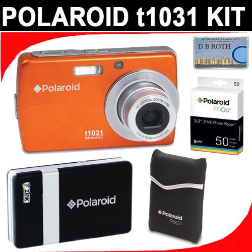 Polaroid t1031 10.0 MP Digital Camera - 3 x optical zoom (Orange) + PoGo Printer (Black) with Black Neoprene Carrying Case + 50 ZINK Sheets