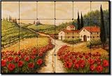 Red Poppy Road by Joanne Morris - Tuscan Landscape Tumbled Tile Marble Mural 16