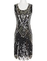 KAYAMIYA Women's 1920S Sequined Beaded Back Deep V Gatsby Flapper Evening Dress