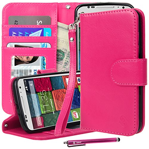 Moto X (2nd Gen) Case, Moto X2 Case, Style4U Premium PU Leather Stand View Wallet Flip Case with ID Credit Card / Cash Slots for All New Motorola Moto X 2nd Gen 2014 Release + 1 Stylus and 1 Screen Protector [Hot Pink]