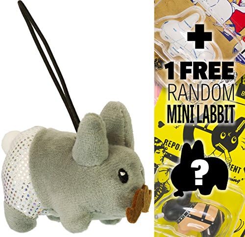 Grey: ~2.75" Happy Labbit Cute N' Crazy Mini-Plush by Frank Kozik + 1 FREE Official Labbit Mini-Figure Bundle