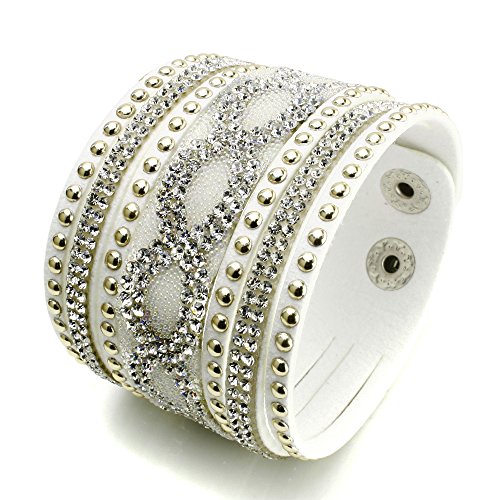 Bling Bling Crystal Rhinestones Colorful Beads Spike Soft Comfortable Velvet, Double Adjustable Size Button Clasps Friendship Bracelet,8 Inch (01. White)