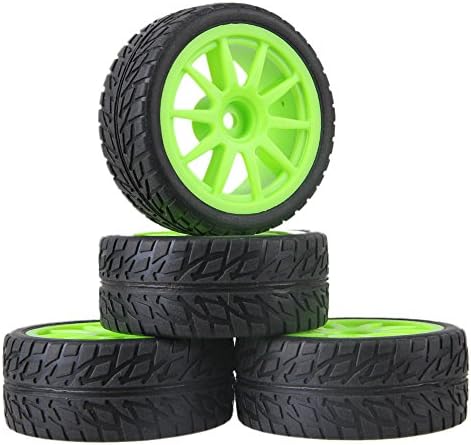 Mxfans RC 1:10 On-road Car Black Flame Pattern Rubber Tyre &amp; Green Plastic 10-Spoke Wheel Rim 12mm Drive Hex Pack of 4