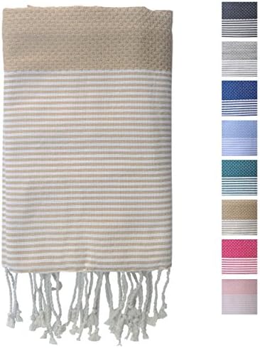 Premium Fouta Towel (Aka Turkish Towel, Pestemal or Peshtemal) By FFsense ® - Oversized 78" x 39" Inches, 13.8 Ounces, Striped, Waffle Weave - High Quality 100% Authentic Cotton - Best Used As Bath, Beach, Pool, Gym, Spa, Sauna, Hammam, Hamam, Massage Towels - The Perfect Gift - Desert Sand