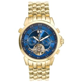 Burgmeister California Bm 118-239 Gents Automatic Analogue Wristwatch Visible Balance-Wheel Gold Blue Dial Day Date Month