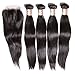 B&F Hair 7a Brazilian Virgin Straight Hair Weave 3 Bundles with 1 Piece 3 Part Lace Frontal Closure 100% Unprocessed Human Hair Extensions Natural Color