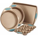Rachael Ray Cucina 4-Piece Bakeware Set, Latte Brown with Agave Blue Handle Grips