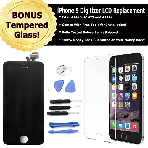iPhone 5 Digitizer Black LCD Replacement Screen Frame Assembly (USA Seller), Fits iPhone 5 Model Number: A1428, A1429 and A1442. Free Tempered Glass and Tools!