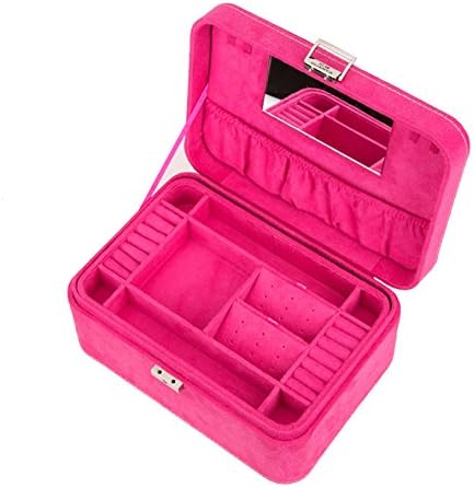 LS JEWELRY Two Layer Lint Stackable Jewelry Box Organizer Storage Case with pillows and Lock Rose Red