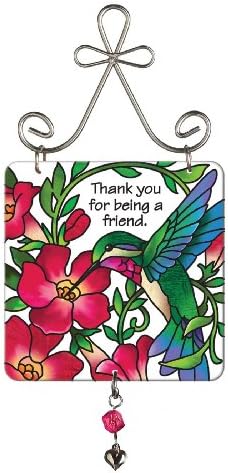 Joan Baker Design JSW180R Hummingbird and Red Trumpet Vine Mini Art Glass Suncatcher, 3-Inch by 3-Inch