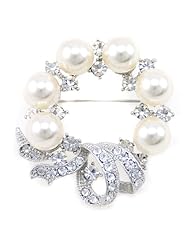 Brooch with White Pearl Replica and Clear Rhinostones