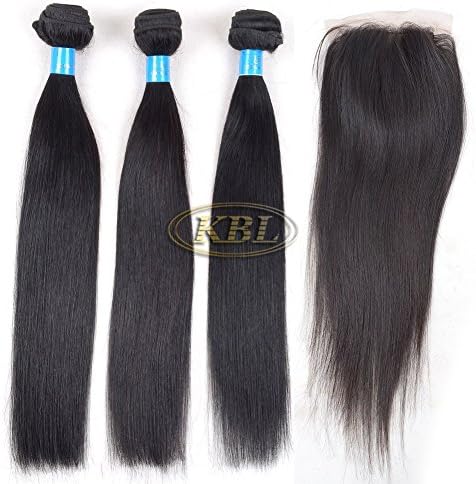 KBL® 7A Brazilian Virgin Hair Straight Remy Human Hair 3 Bundles with 4*4 Silk Base Closure Free Part 180% Density Black #1B (3*12" hair weft+8" lace closure)