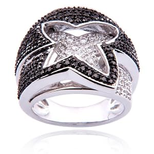 Sterling Silver Black Diamond and White Topaz Ring, Size 6