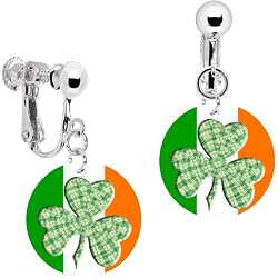 Ireland Green Plaid Shamrock Clip on Earrings