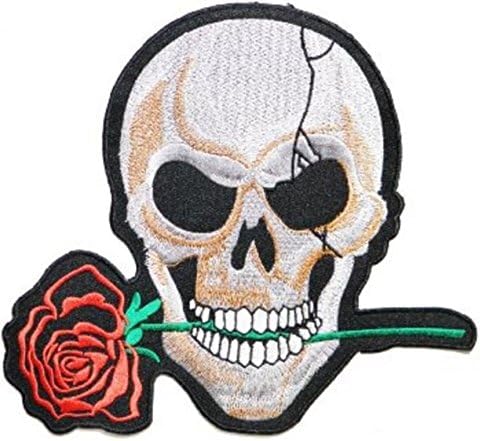 Worth!! Red Rose Skull Skeleton Bone Head Ghost Large Patch Badge Cool Look Embroidered Iron-on Sewing Craft for Biker Rider 9.75" x 9: inch