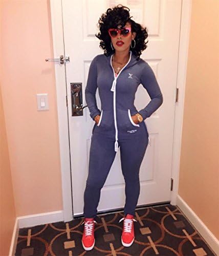Modeboutique Women's Rompers Jumpsuit Zipper Sportswear Tight Casual One Piece Long Sleeve Grey Sport Bodysuit (Medium, Gray)