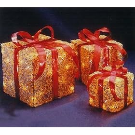 Set of 3 Sparkling Gold Sisal Gift Boxes Lighted Christmas Yard Art Decorations by National Tree
