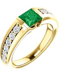 14K Yellow Gold 5.00x5.00mm Princess Cut Chatham Created Emerald and Diamond Ring -- LIFETIME WARRANTY
